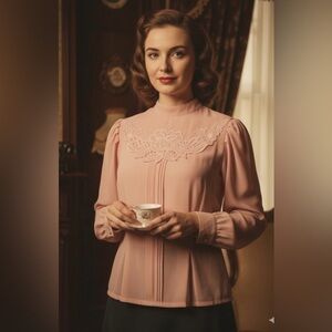 EUC VINTAGE 70’s Campus Casual Pink embroidery Blouse with Mandarin Collar